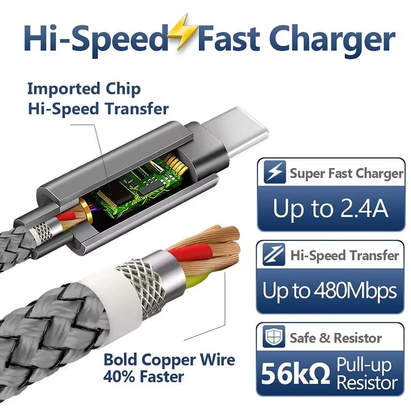 Specifiche tecniche cavo: 2.4A, 480Mbps, resistore 56kΩ